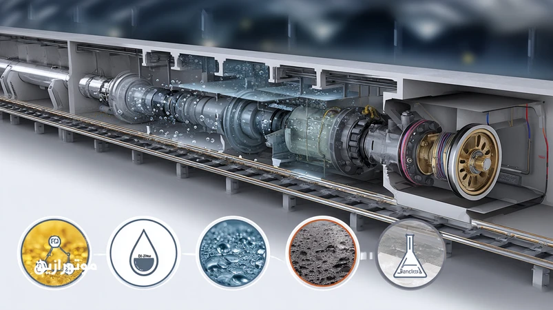 تصویر فنی تونل مرطوب ریلی با گیربکس بوژی مترو و یاتاقان، قطرات آب و تجزیه بسته‌ افزودنی روانکار؛ امولسیون، خوردگی و اسلاج