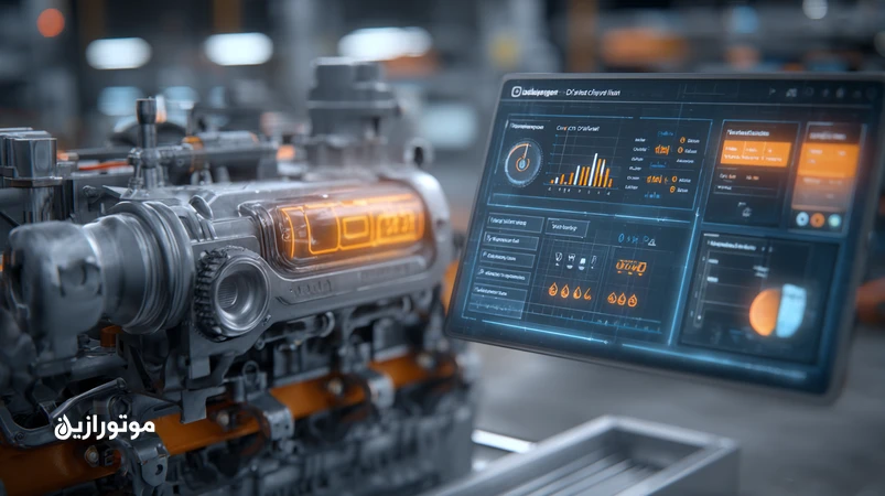 نمای صنعتی با سنسورهای آنلاین روی مدار روغن و داشبورد داده‌های لحظه‌ای؛ پایش وضعیت روغن در لحظه برای قرارداد سرویس OEM و کاهش خرابی