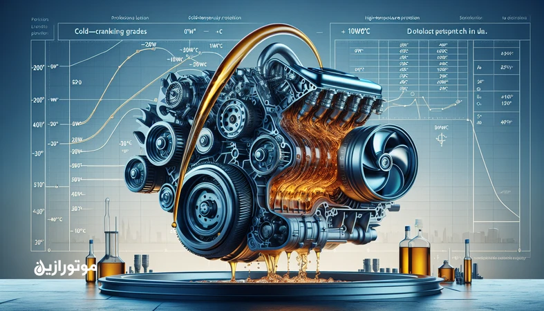 اینفوگرافیک استاندارد SAE J300 و نمودار ویسکوزیته 0W تا 60 برای انتخاب روغن موتور 0W20، 5W30 و 10W40 در موتورهای مدرن