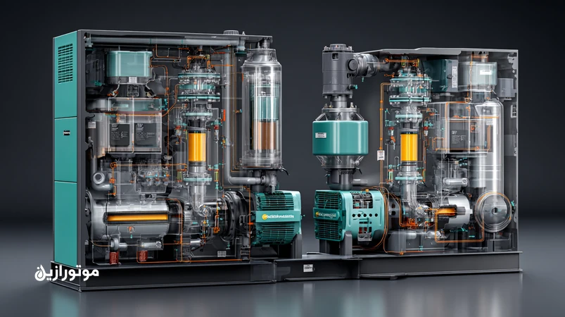 مقایسه بصری کمپرسور اسکرو و پیستونی با نمایش مدار روغن، فیلتر و سپراتور و تاکید بر راندمان، افت فشار و زمان سرویس