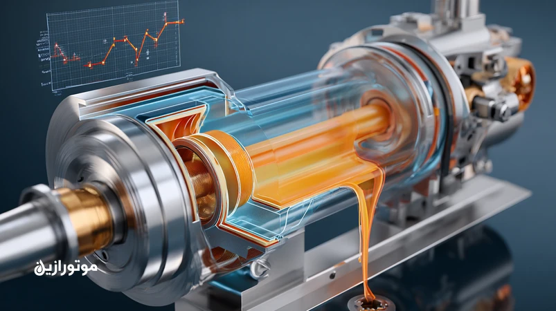 نمای برشی پمپ سانتریفیوژ در واحد الفینی با نمایش فیلم روغن و تخریب پلیمرهای VI تحت برش؛ تمرکز بر Shear Stability و ویسکوزیته