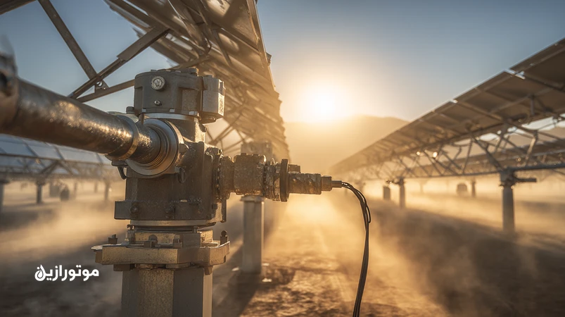 روانکاری ردیاب خورشیدی با گریس مناسب ترکینگ پنل؛ تکنسین در حال سرویس رینگ اسلو و جک خطی در نیروگاه فتوولتائیک در محیط غباری و آفتابی ایران