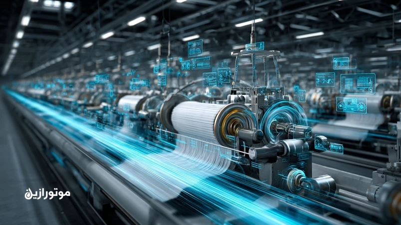نمایی صنعتی از خط ریسندگی مدرن با نمایش الکتریسیتهٔ ساکن و رفتار فیلم روغن در بیرینگ و فیلتر؛ مرتبط با کیفیت روانکار و کاهش وارنیش در نساجی