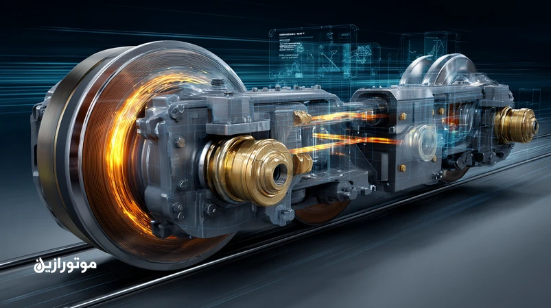 تصویر فنی محور ارابه مترو با نمایش جریان سرگردان، فلوتینگ یاتاقان و نقش روغن‌های مقاوم؛ همراه با برس ارتینگ و فیلم روانکار حفاظتی