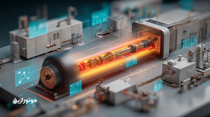 نمای ایزومتریک از بلبرینگ رول گرمایی در خط چاپ و لمینیشن با فیلم روغن استری سنتتیک، توزیع دما یکنواخت و بدون وارنیش برای روانکاری پایدار