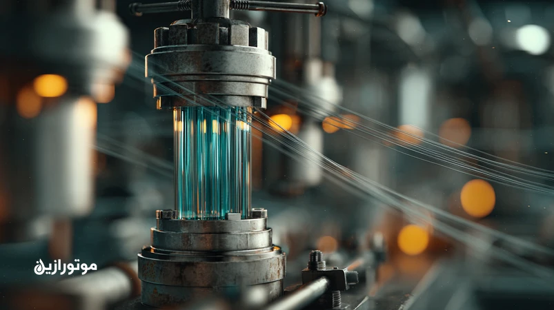 کلوزآپ مخزن هیدرولیک در کارخانه نساجی با فیلتر تنفسی و ذرات فیبر ریز معلق؛ نمایش آلودگی روغن هیدرولیک و مسیر ورود الیاف به فیلتر