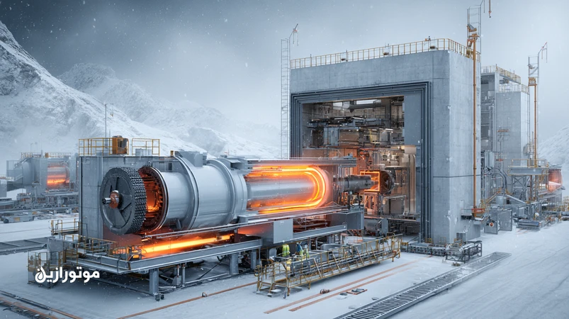 تصویر صنعتی پروژه ارتفاعات سرد با جرثقیل یخ‌زده و نمایش برشی فیلم روغن مقاوم به شوک حرارتی در گیربکس و یاتاقان برای جلوگیری از شکست فیلم در استارت سرد