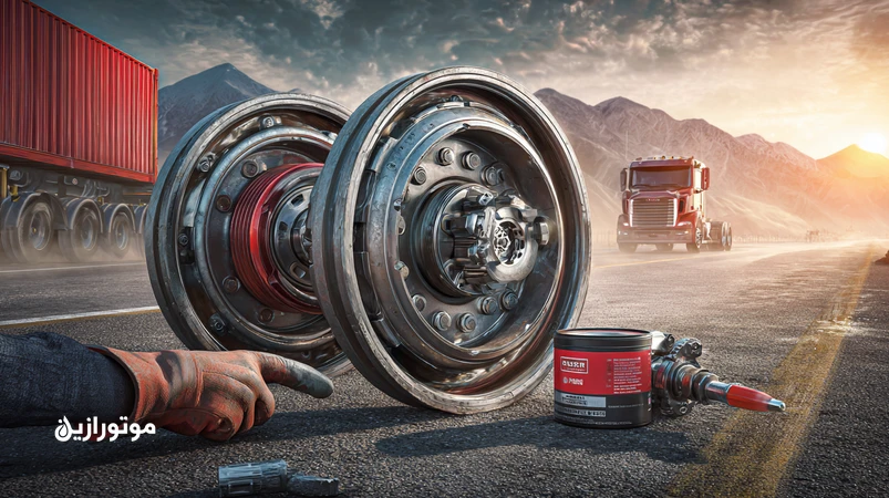 نمای نزدیک توپی چرخ تریلی با بلبرینگ و گریس EP NLGI 2 برای مسیرهای طولانی بین‌شهری؛ مناسب دمای بالا و بار سنگین