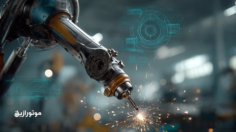 نمای نزدیک از مشعل ربات جوشکاری MIG/MAG با لایه روانکار ضد پاشش که جرقه‌ها را دفع می‌کند؛ تاکید بر تریبولوژی، پایداری قوس و کاهش سایش نازل.