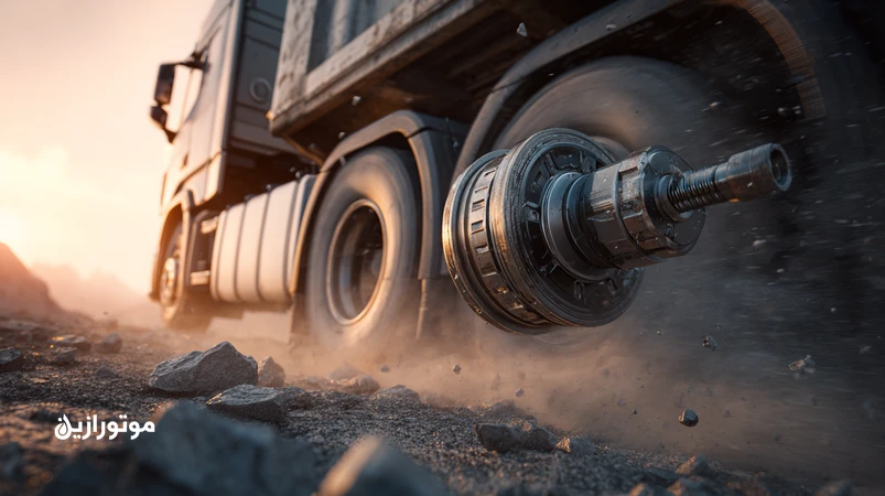 تصویر کامیون سنگین روی جاده ناهموار با نمای نزدیک گریس‌کاری محور و اتصالات شاسی؛ تاکید بر گریس EP و مقاومت در برابر بار ضربه‌ای