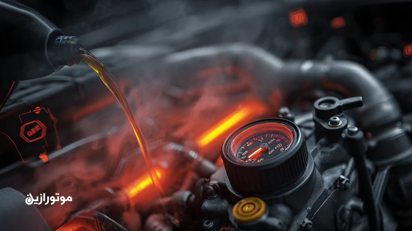 تصویر موتور توربوشارژ تیون‌شده با نشانگر دمای روغن بالا و قوطی روغن موتور تمام‌سنتتیک 5W-40؛ راهنمای روغن مناسب خودروی ریمپ‌شده