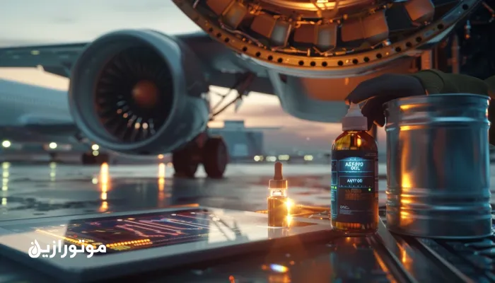 نمای واقعی از مهندس هواپیما در حال بررسی تبلت حاوی دادههای آنالیز روغن کنار موتور توربوفن بازشده روی رمپ، با ویال نمونه روغن و قوطی روغن توربینی دارای برچسب AS5780 و MIL-PRF-23699 در نور غروب و رنگهای آبی و نقرهای صنعتی.