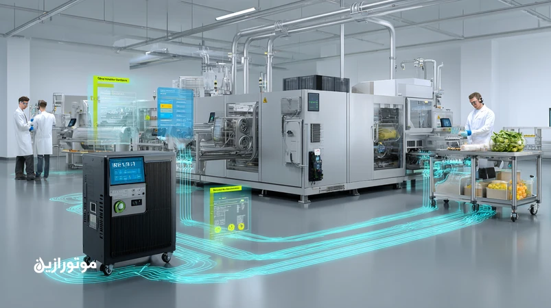 تصویر صنعتی از کمپرسور اسکرو و خط چاپ بسته‌بندی خوراکی با روغن کمپرسور Food-Grade H1، فیلتر هم‌جوش و اشاره به استاندارد ISO 8573-1 و الزامات EFSA