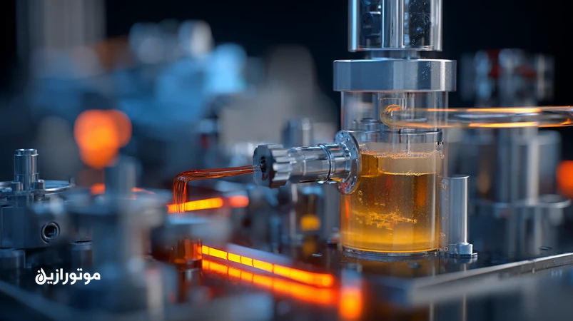 نمایی فنی از مدار روغن خطوط تست موتور با پمپ دبی‌بالا و سطح روغن بدون کف؛ نمایش نقش روغن Ultra-Low Foaming در کنترل کف و رهایش هوا