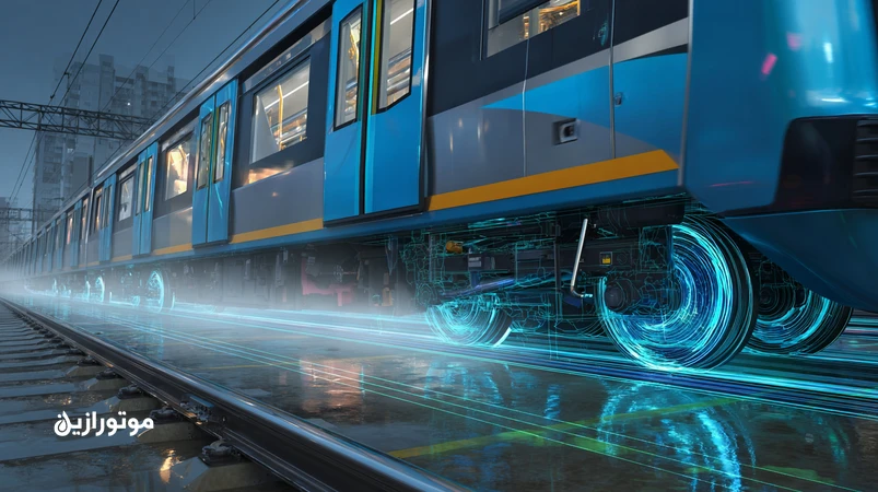 قطار متروی مدرن در حال ترمز روی ریل خیس با نمایش تماس چرخ‌–ریل، اثر روانکار و نمودار چسبندگی؛ تحلیل اثر روانکاری بر فاصلهٔ ترمزگیری