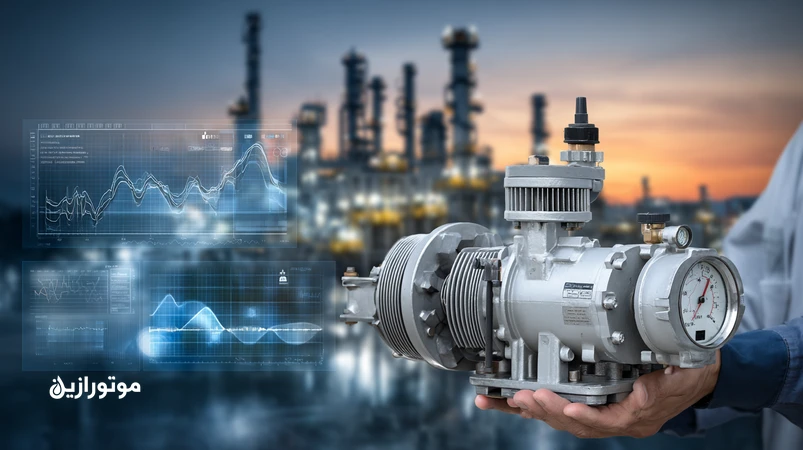 نمای فنی از تجهیزات دوار پتروشیمی با سنسورهای ویبره، بطری نمونه‌گیری روغن و نمودارهای آنالیز ویبره و UOA برای تشخیص زودهنگام خرابی