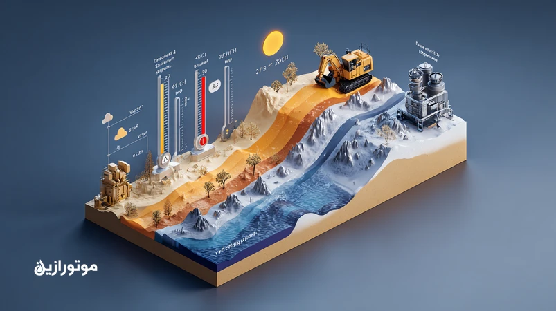نمای شماتیک شاخص گرانروی (VI) و پایداری حرارتی روغن؛ مقایسه رفتار روغن موتور و هیدرولیک HVLP/HLP در سرما و گرما با نمودار دما و اجزای صنعتی.