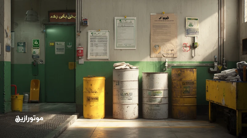 مدیریت پسماند روغن و فیلتر در اتوسرویس با جمع‌آوری جداگانه، انبارش امن و قرارداد بازیافت؛ بشکه روغن سوخته، مخزن فیلتر و سطل دستمال‌های روغنی