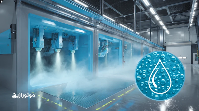 ربات‌های پاشش رنگ پایه‌آبی در سالن رنگ خودرو با نمایش مفهومی سازگاری روغن‌های water-compatible و کنترل رطوبت و پاکیزگی