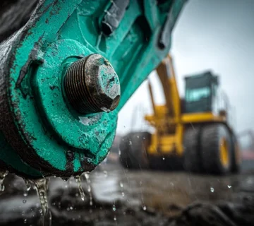 لودر در کارگاه ساحلی شمال ایران زیر باران با گریسکاری ضدآب پین باکت؛ نمایش چسبندگی بالا و مقاومت در برابر شستوشوی آب و خوردگی.