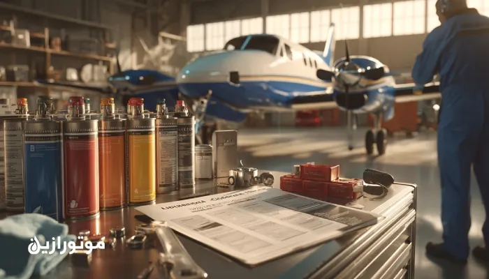 نمای واقعی از آشیانه نگهداری هواپیما؛ تکنسین هوانوردی در حال بررسی چک‌لیست روانکار و انتخاب سیال مناسب از بین گریس‌گان‌های رنگ‌کدگذاری‌شده و ظروف سیال هیدرولیک با برچسب‌های MIL-PRF-5606 و Skydrol است؛ تمرکز تصویر بر نظم ابزار و ایمنی در نگهداری ناوگان هوایی است.