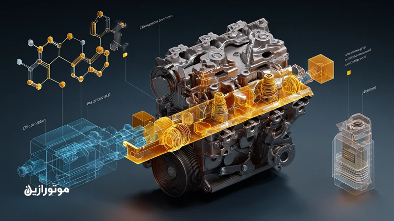 شماتیک ZDDP در روغن کمفسفر و تشکیل فیلم ضدسایش روی موتور، با اشاره به استاندارد API SP و حفاظت از DPF و کاتالیزور