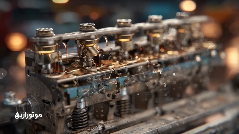 نمای نزدیک از میل‌سوپاپ و اسبک موتور کاربراتوری قدیمی با لایهٔ محافظ ZDDP و تشریح نقش آن در کاهش سایش و انتخاب روغن موتور مناسب