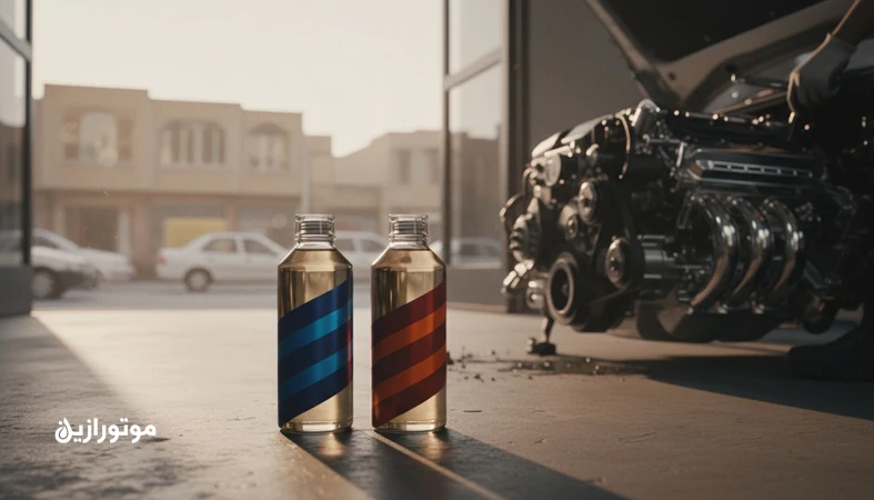 تصویر مقایسه روغن موتور 5W 30 و 5W 40 کنار موتور خودرو با حال‌وهوای ترافیک شهری و گرمای تابستان برای انتخاب مناسب در ایران