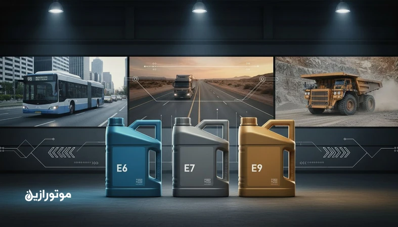تصویر مفهومی انتخاب روغن دیزل برای ناوگان با تمرکز بر تفاوت ACEA E6، E7 و E9 در اتوبوس شهری، کامیون بین‌شهری و ناوگان معدنی