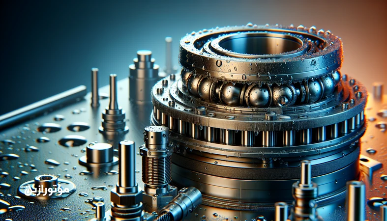 نمای نزدیک از یاتاقان و مکانیزم هوافضا با گریس تخصصی، نمایش بازه دمایی و آب گریزی و مفهوم سازگاری مواد