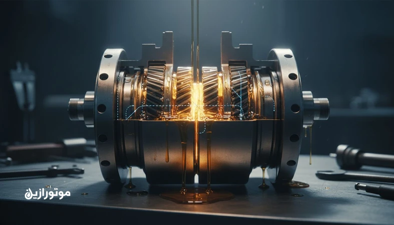 تصویر مقطع گیربکس صنعتی با نمایش جریان روغن و تاکید بر تفاوت انتخاب استاندارد AGMA و کلاس گرانروی ISO VG