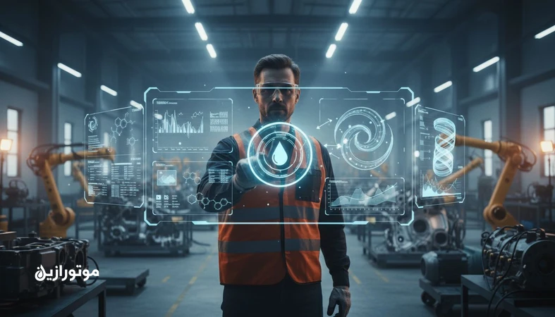 تصویر مفهومی از هوش مصنوعی در انتخاب روانکار با ترکیب دیتاشیت‌ها و نمودارها برای تصمیم مهندسی سریع