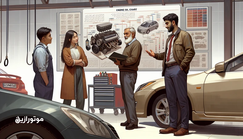 آموزش تیم اتوسرویس برای توضیح ساده و قابل‌فهم روغن موتور به راننده در یک تعمیرگاه مدرن