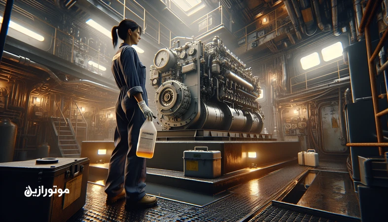 پایش وضعیت روغن در موتور کمکی کشتی با نمونه‌گیری روغن کنار ژنراتور در اتاق موتور