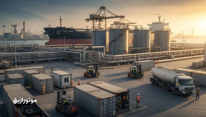 تصویر مفهومی از واردات و ترخیص روغن پایه در بندر و گلوگاه‌های لجستیکی که بر عرضه و قیمت بازار روانکار ایران اثر می‌گذارد