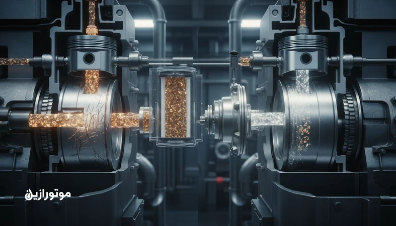 تصویر مقطعی از موتور دیزلی دریایی و ذرات کات فاینز در مسیر سوخت که سایش سیلندر و لاینر ایجاد می‌کنند و اهمیت فیلتراسیون را نشان می‌دهد