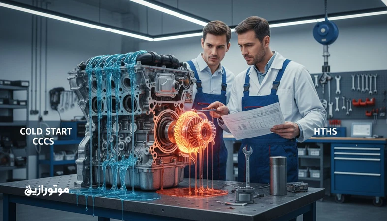 تصویر مفهومی انتخاب ویسکوزیته روغن موتور با شاخص‌های CCS و HTHS از 0W 20 تا 20W 50 در استارت سرد و کارکرد داغ زیر بار