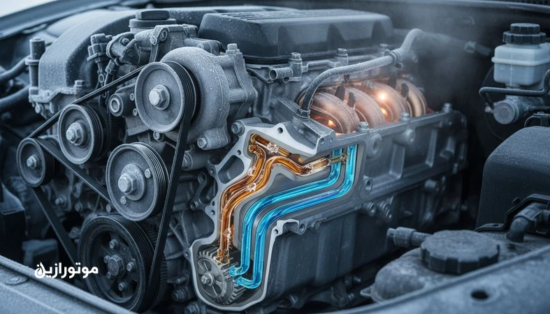 نمای نزدیک موتور خودرو در هوای یخبندان با نمایش جریان روغن و مقایسه عملکرد CCS و MRV برای استارت سرد و پمپ‌پذیری روغن زمستانی