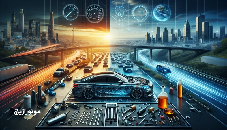 تصویر مفهومی انتخاب روغن موتور بر اساس الگوی رانندگی شهری و بین‌شهری با تمرکز بر دما و ترافیک