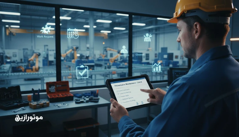 تصویر مفهومی طراحی گردش‌کار CMMS از درخواست کار تا بستن ورک اوردر و تحلیل هزینه‌های نگهداری و تعمیرات