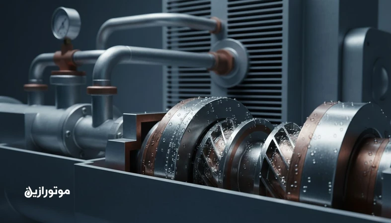 نمای نزدیک کمپرسور سیستم تبرید CO2 ترانس‌کریتیکال با نمایش حل شدن روغن و تاکید بر کنترل سایش