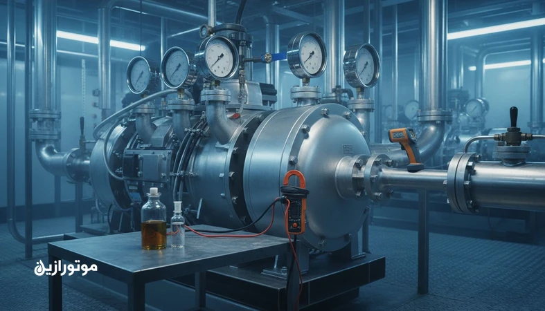 پایش وضعیت کمپرسور سردخانه با دماسنج مادون قرمز، گیج فشار، کلمپ آمپرمتر و نمونه روغن برای آنالیز روغن