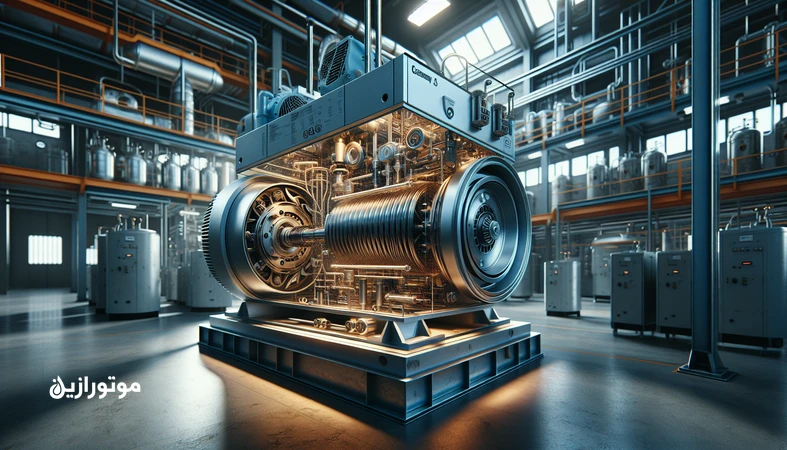تصویر کمپرسور اسکرو صنعتی با نمایش گردش روغن کمپرسور و تمرکز بر راندمان انرژی، پایداری حرارتی و کاهش تلفات