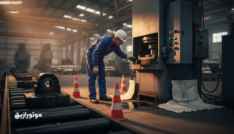 کنترل نشتی روغن و گریس در سالن تولید با تمرکز بر آببند، سیل و تمیزکاری استاندارد اطراف پرس هیدرولیک