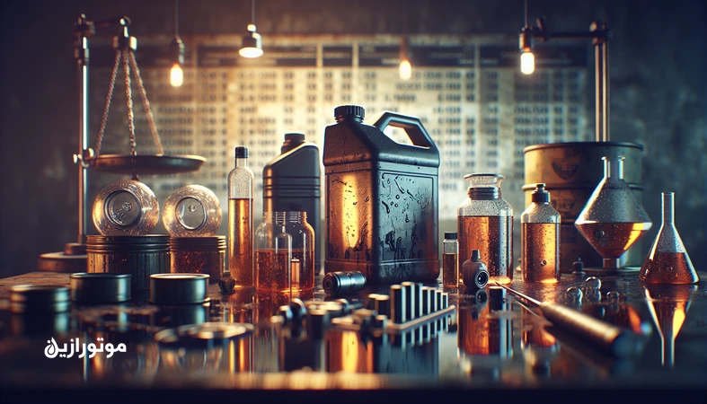 تصویر مفهومی از اثر نوسان نرخ ارز بر کیفیت روغن موتور؛ گالن روغن و ابزار کنترل کیفیت در کارگاه با پس‌زمینه تابلو نرخ ارز