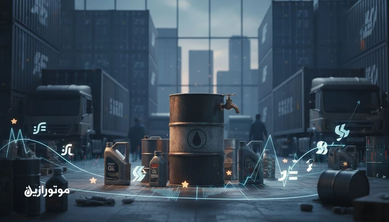 تصویر مفهومی از تاثیر نوسان نرخ ارز بر زنجیره تامین روانکار و روغن موتور در ایران با نمودار نوسان و لجستیک توزیع