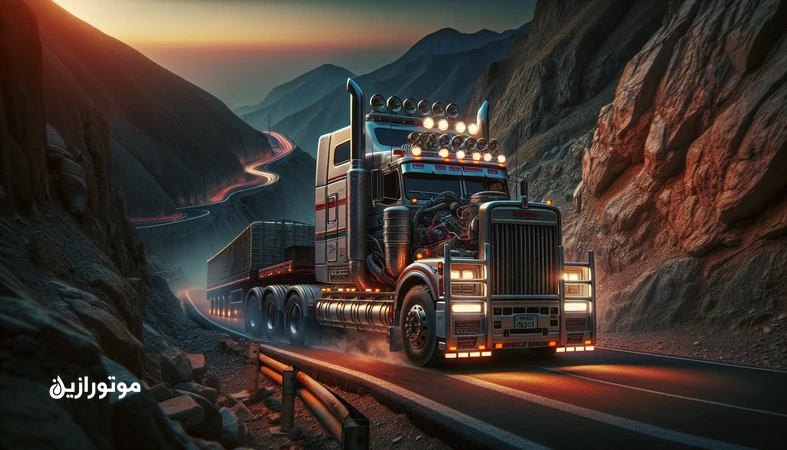 کامیون دیزلی در حال صعود از جاده کوهستانی با شیب طولانی برای نمایش عملکرد روغن موتور دیزلی در سربالایی