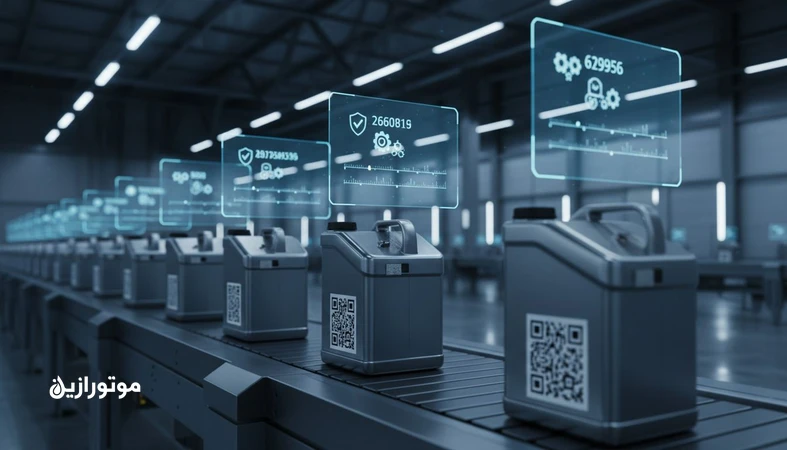 تصویر مفهومی گذرنامه دیجیتال روانکار با نمایش QR و RFID برای رهگیری بچ از تولید تا مصرف در زنجیره تأمین