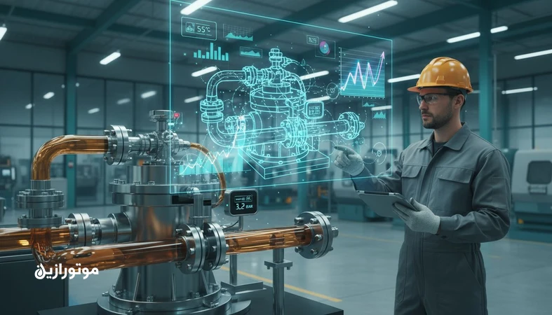 تصویر مفهومی دوقلوی دیجیتال (Digital Twin) برای سیستم روانکاری با نمایش سنسورها، داده واقعی و پیش‌بینی جهت اقدام اصلاحی