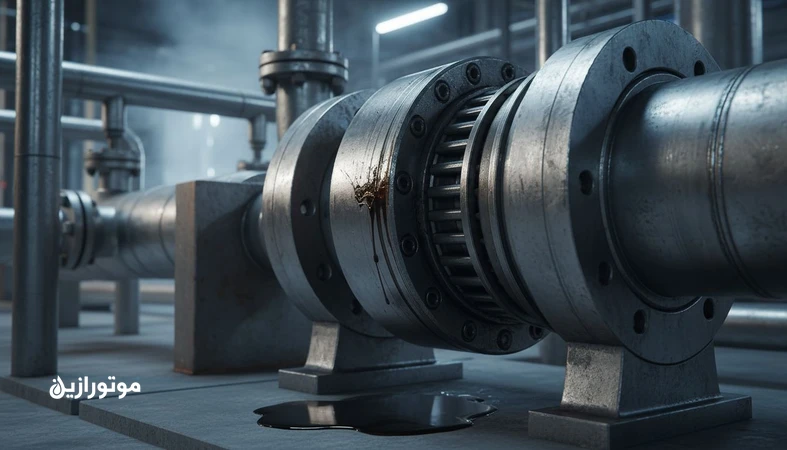 نمای نزدیک آب‌بند مکانیکی پمپ فرآیندی با نشتی و آثار سایش در محیط پتروشیمی؛ مرتبط با خرابی زودرس، آلودگی و روانکار